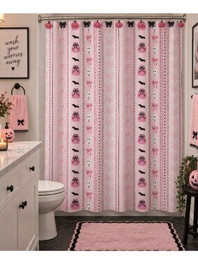 Pink Halloween Shower Curtain Set 72x72 Pumpkin Ghost Bow Hooks Coquette 13 Pc